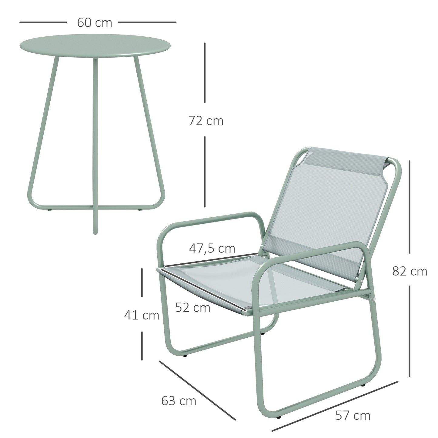 Outsunny 3-delt Havemøbel Sæt, 2 Stole med Åndbart Stofbetræk, 1 Rund Tabel Ø60 cm, Grøn