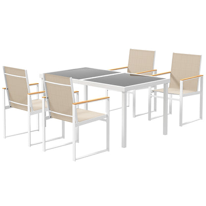 Outsunny 5-delt spise sæt, udendørs bord af hærdet glas, 4 stole, vejrbestandig, stålramme, havemøbler, flerfarvet