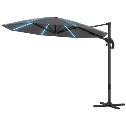 Outsunny Aluminium Cantilever Parasoll LED Sol Ø300 cm Højdejusterbar Solskærm med Svingestativ UV50+ Mørkegrå