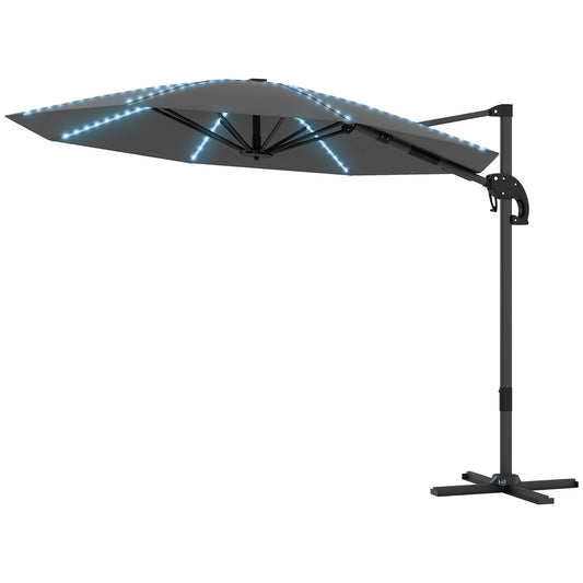 Outsunny Aluminium Cantilever Parasoll LED Sol Ø300 cm Højdejusterbar Solskærm med Svingestativ UV50+ Mørkegrå