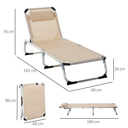 Outsunny Sammenklappelig liggestol, Have liggestol med hovedstøtte, Ergonomisk afslapningsstol med 4-trins justerbar ryg, Aluminium, Bæreevne op til 120 kg, til have, terrasse, pool, strand, Beige
