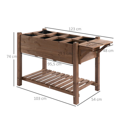 Outsunny hævet plantekasse med 8 delte gitter, foldbar hylde, blomsterkasse, blomsterpotte, krydderhave, massivt træ, brun, 123 x 54 x 80 cm