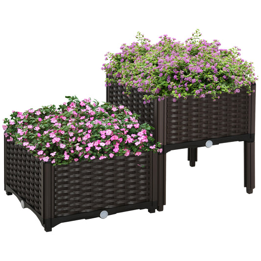 Outsunny forhøjet havebed, blomsterkasse med drænhuller, blomsterkasse med rattanlook, plastik, brun, 40 x 40 x 44 cm