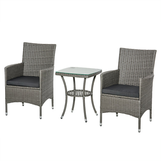 Outsunny Polyrattan Garden Furniture Set, Garden Furniture for 2 People, 3-Piece Seating Set, 2 Chairs, Table, Seat Cushions, Garden Lounger for Garden, Terrace, Balcony, Gray