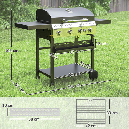 Outsunny Gasgrill, BBQ-grill, 4 hovedbrændere, 1 sidebrænder, 1 varmeplade; 135 x 55 x 103 cm, sort