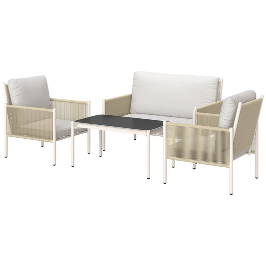 Outsunny havemøbel sæt af polyrotan loungesæt med 2-personers sofa, lænestol, glasbord, puder, 4 personer, brun+grå