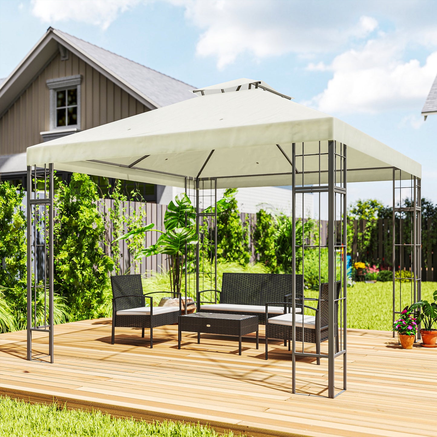 Outsunny 3 x 3 m havepavillon, 2-lags tagkonstruktion, UV30+ beskyttelse, UV-bestandig, solafskærmning, metalramme, cremehvid