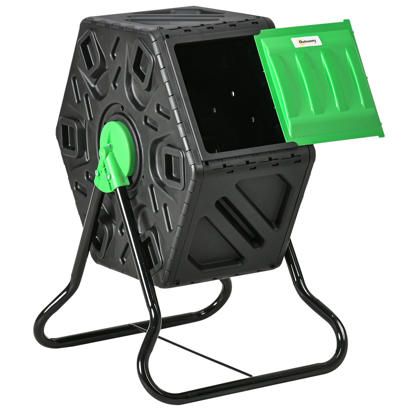 Outsunny kompostbeholder, 65 liter, roterbar, kompakt, 24 ventilationshuller, stål, plast, grøn + sort