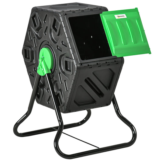 Outsunny kompostbeholder, 65 liter, roterbar, kompakt, 24 ventilationshuller, stål, plast, grøn + sort