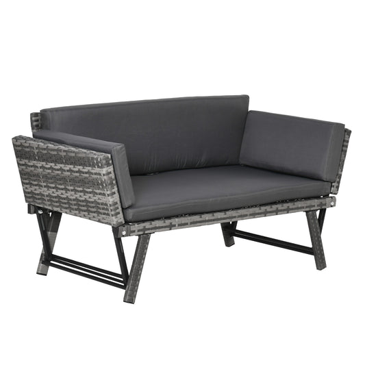 Outsunny Polyrattan Garden Bench 2-Seater Garden Furniture Lounge Bench Garden Bench Garden Lounger Folding Armrests Steel Gray 129 x 63 x 67 cm