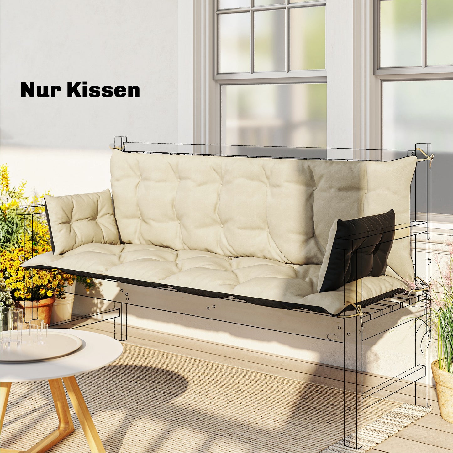 Outsunny Udendørs Hyndesæt til Bænk eller Hollywood Gynge, To-farvet, Polyester, Skum, 180 x 110 x 8 cm, Beige+Sort
