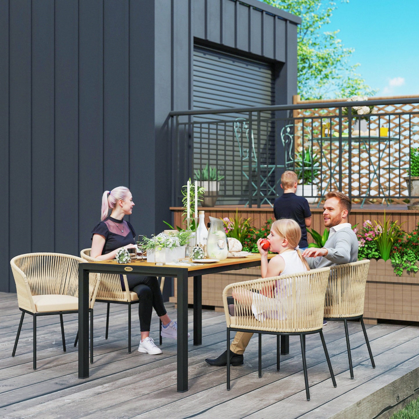 Outsunny 5-delt havemøbel sæt, 4 stole, 1 bord, kunstflet, stålramme, vaskbare hynder, til terrasse, kaki