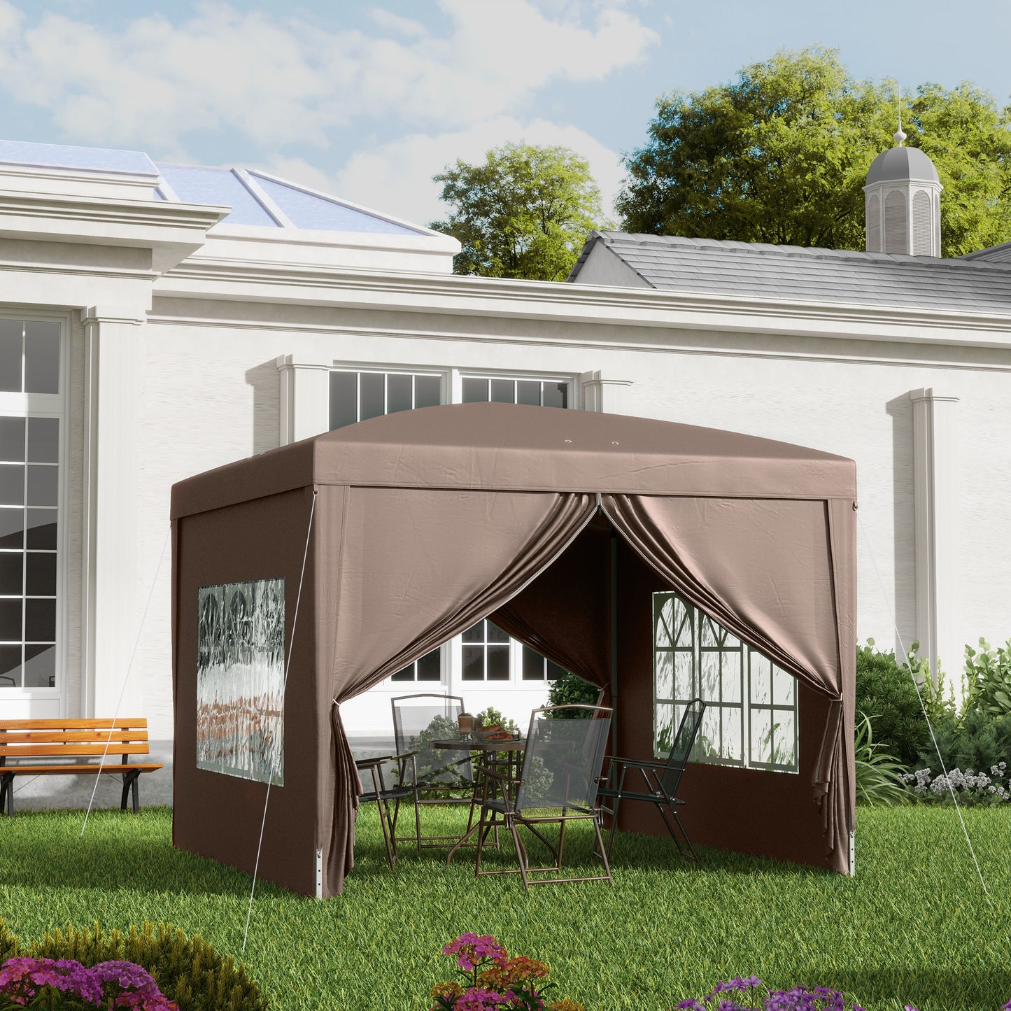Outsunny 3 x 3 m pavillon med 4 sidepaneler, vindue, telt med UV-beskyttelse, have telt inklusive bæretaske, stål, kaffe