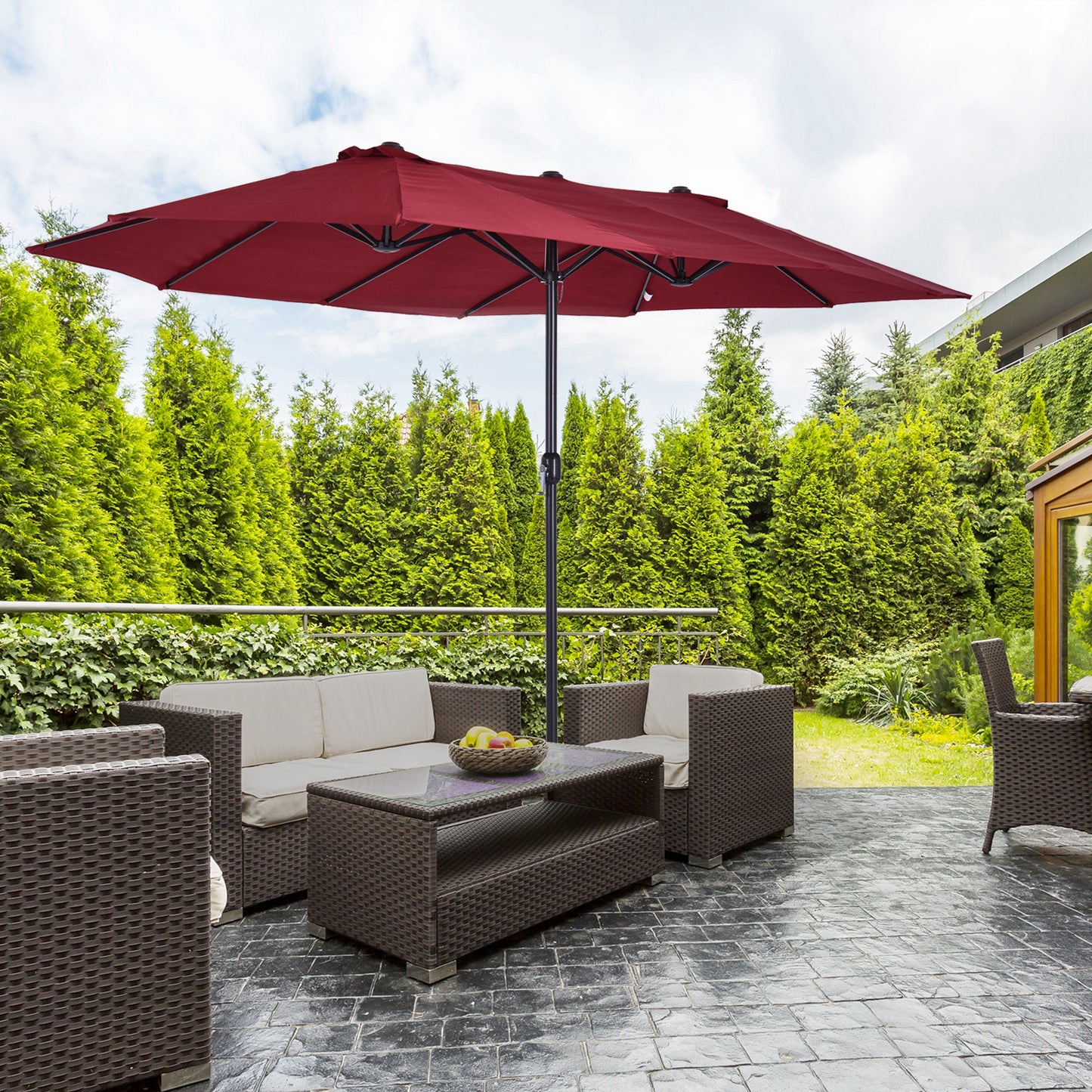Outsunny Dobbelt Parasol 455 x 270 cm Haveparasol med Håndsving, Oval, Robust, Metalstang, Markedsparasol, Dobbelt Parasol, Terrasparasol, Solafskærmning til Strand, Balkon, Terrasse, Have, Vinsort