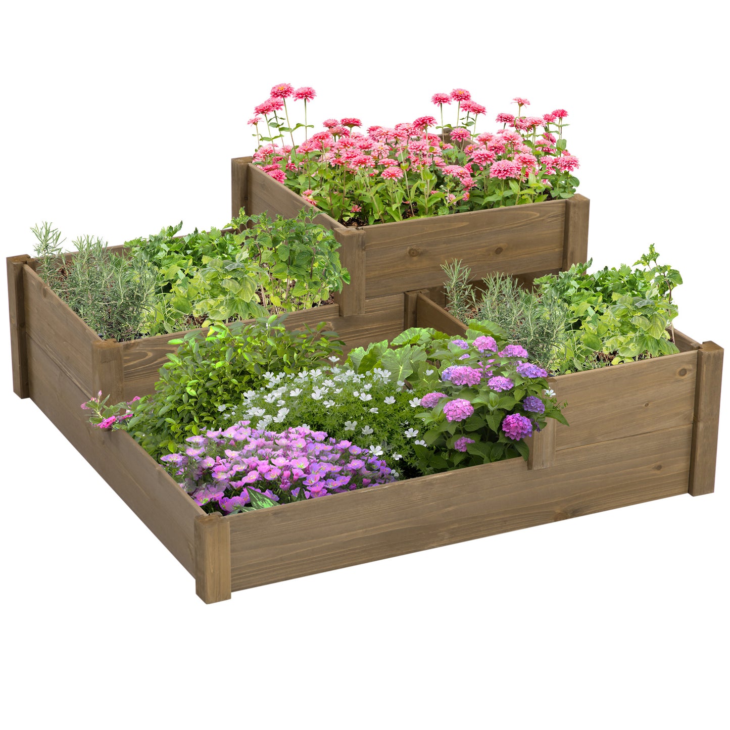 Outsunny Hævet Havebed, 4 plantekasser på 3 niveauer, vejrbestandig, massivt træ, 122 cm x 122 cm x 51 cm, naturlig