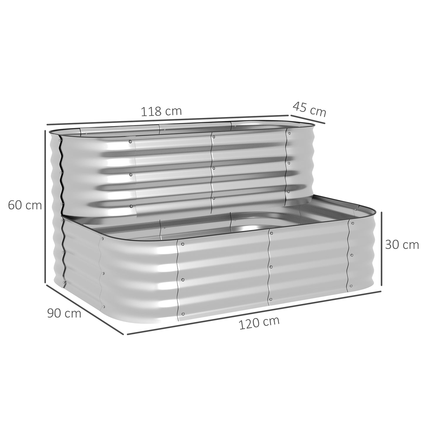 Outsunny metal hævet havekasse, 2 niveauer, vejrbestandig, åben bund, 120 x 90 x 30 cm, farve: sølv