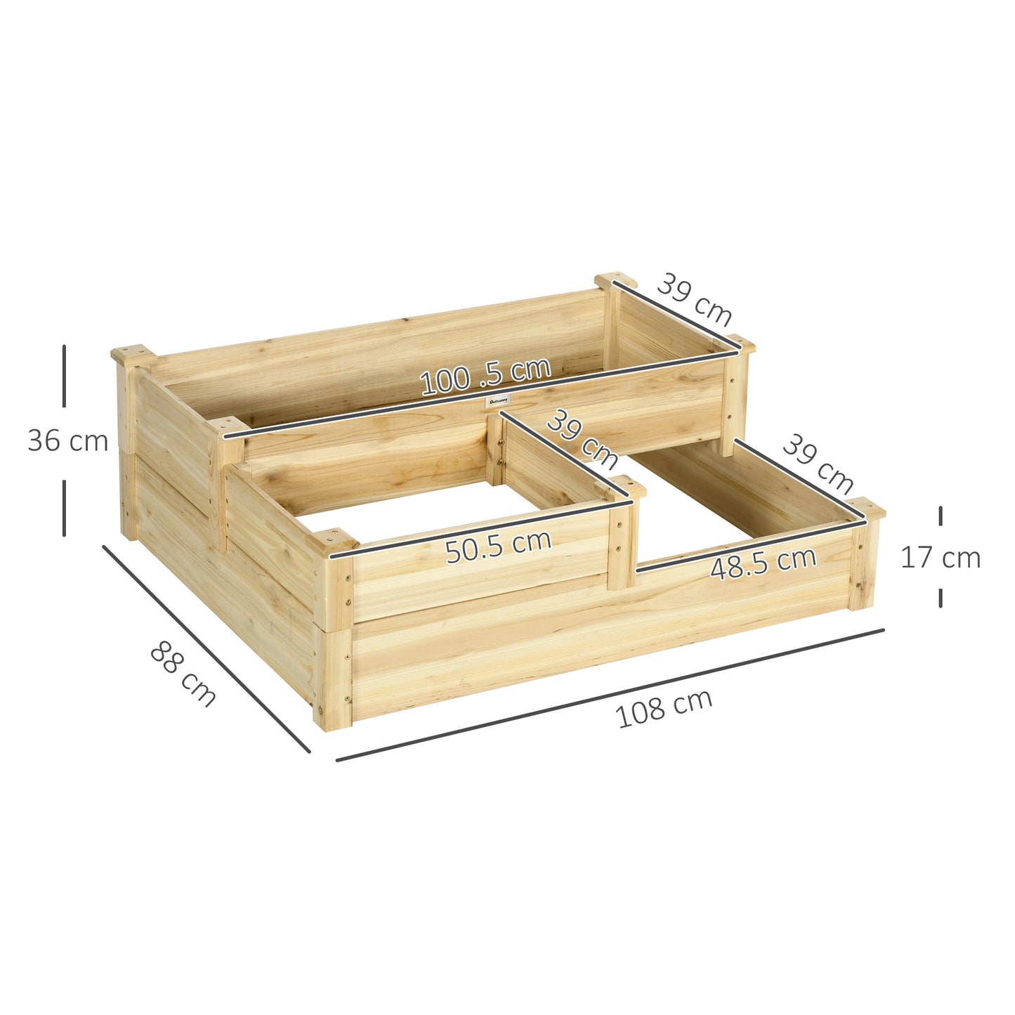 Hævet plantekasse fra Outsunny med 3 plantekasser, 3-lags design, åben bund, 108 cm x 88 cm x 36 cm, naturlig