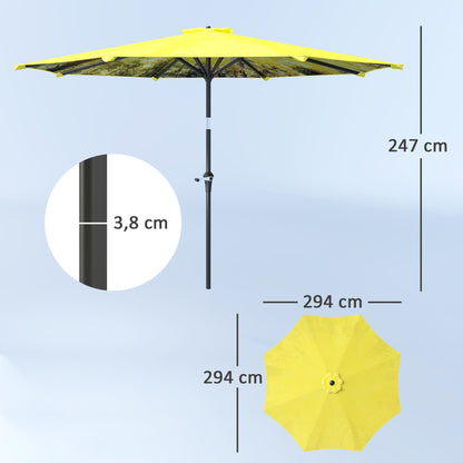 Outsunny Parasol Ø300 cm, Parasol med Håndsving, Achtekantet Balkonparasol Gul