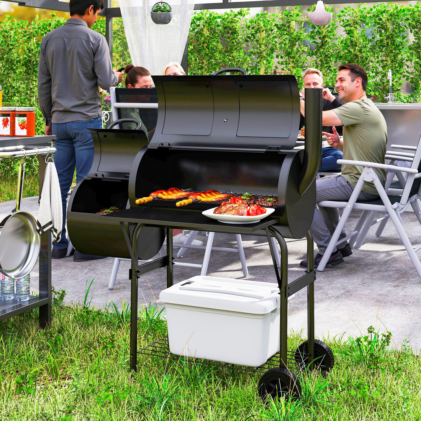 Outsunny Stål Kulgrill BBQ Ryger med Låg, Termometer, Hjul, Luftindtag, Kulskuffe