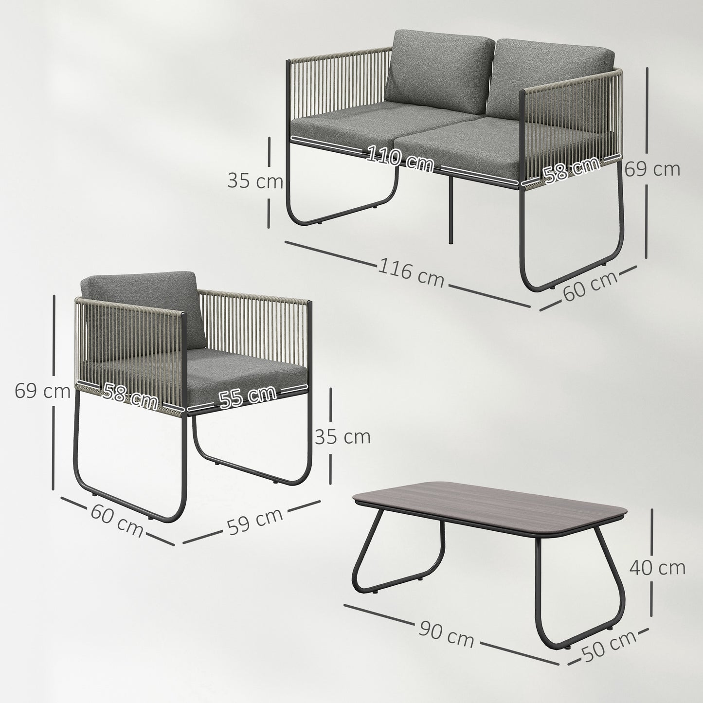 Outsunny Havemøbel Sæt af Polyrotan, Loungeset med Bænk, Lænestol, Bord, Puder, Vejrbestandig, 116 x 60 x 69 cm, Brun + Mørkegrå