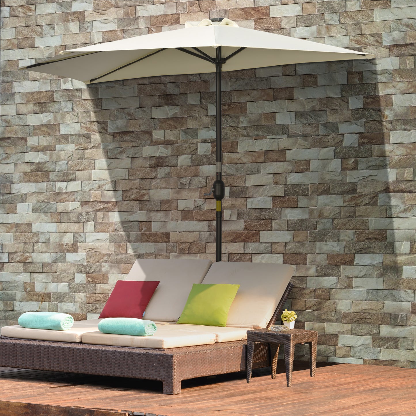 Outsunny parasol, terrasseparasol, halvrund, med solpanel, 20 LED'er, håndsving, beige, 2,70 x 1,35 x 2,40 m
