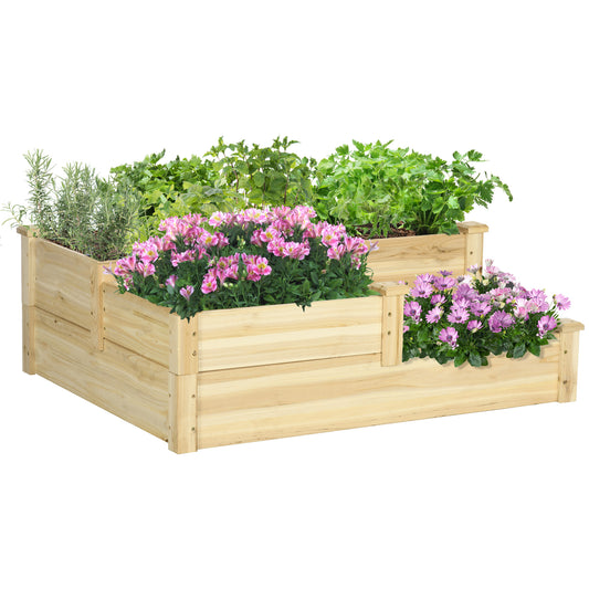 Hævet plantekasse fra Outsunny med 3 plantekasser, 3-lags design, åben bund, 108 cm x 88 cm x 36 cm, naturlig