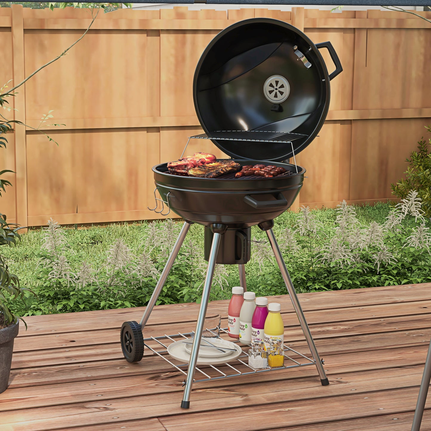 Outsunny kettle grill, Ø54 cm grillrist, varmeholder, hylde, askeholder, termometer, 55 x 65 x 89 cm, sort
