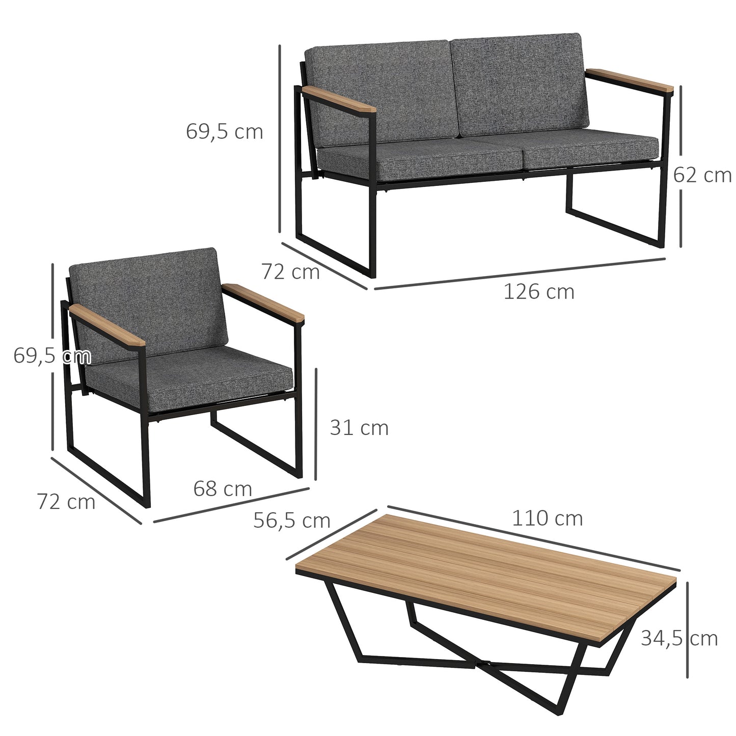 Outsunny 4-personers havemøbel sæt, vejrbestandigt balkonmøbel sæt med 2-personers sofa, 2 stole, siddepuder og sidebord, grå