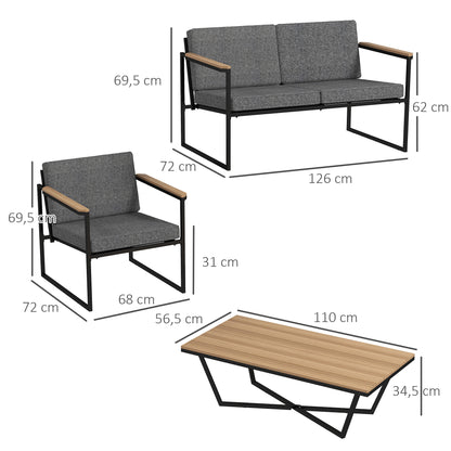 Outsunny 4-personers havemøbel sæt, vejrbestandigt balkonmøbel sæt med 2-personers sofa, 2 stole, siddepuder og sidebord, grå