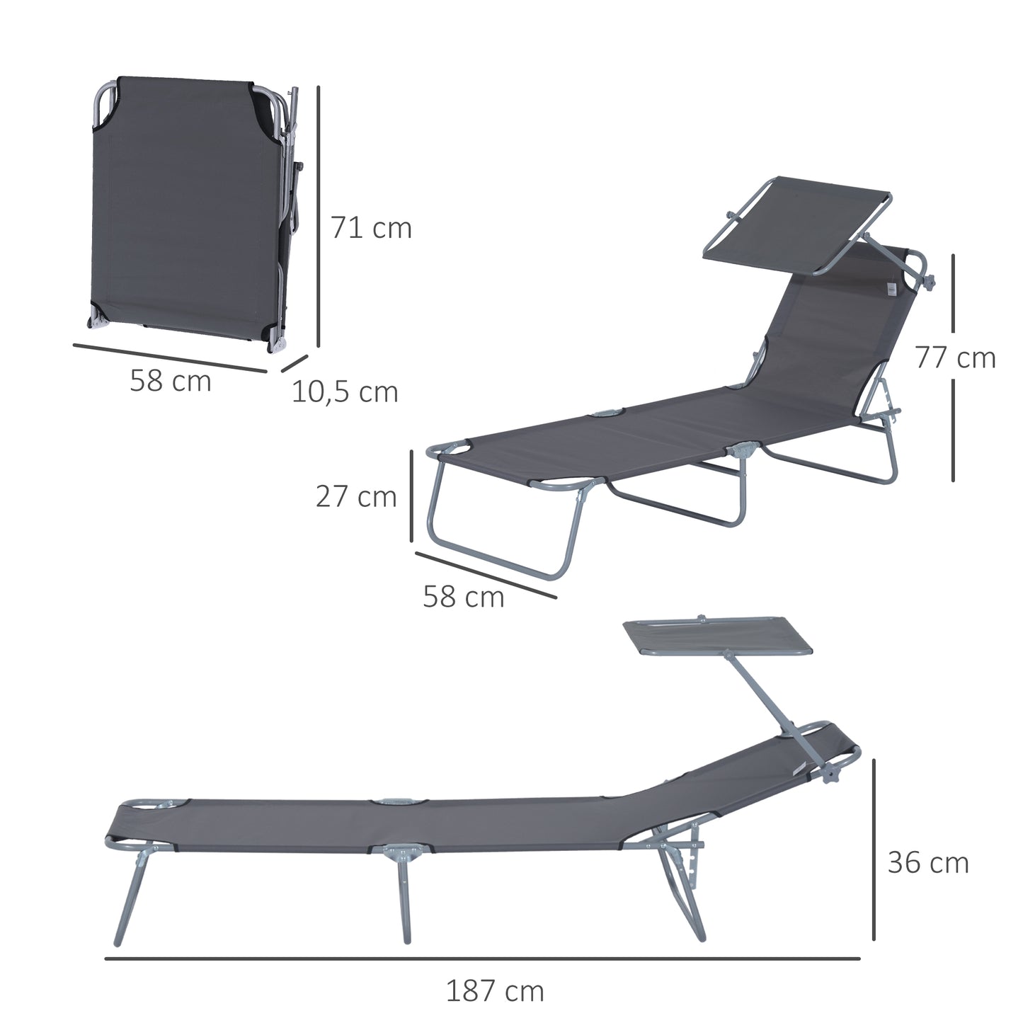 Outsunny Sammenklappelig liggestol, Have-liggestol med solskærm, Wellness-liggestol med 4-trins justerbar ryg, Strand-liggestol, Bærer op til 120 kg, Egnet til have, balkon og pool, 6 farver (grå)