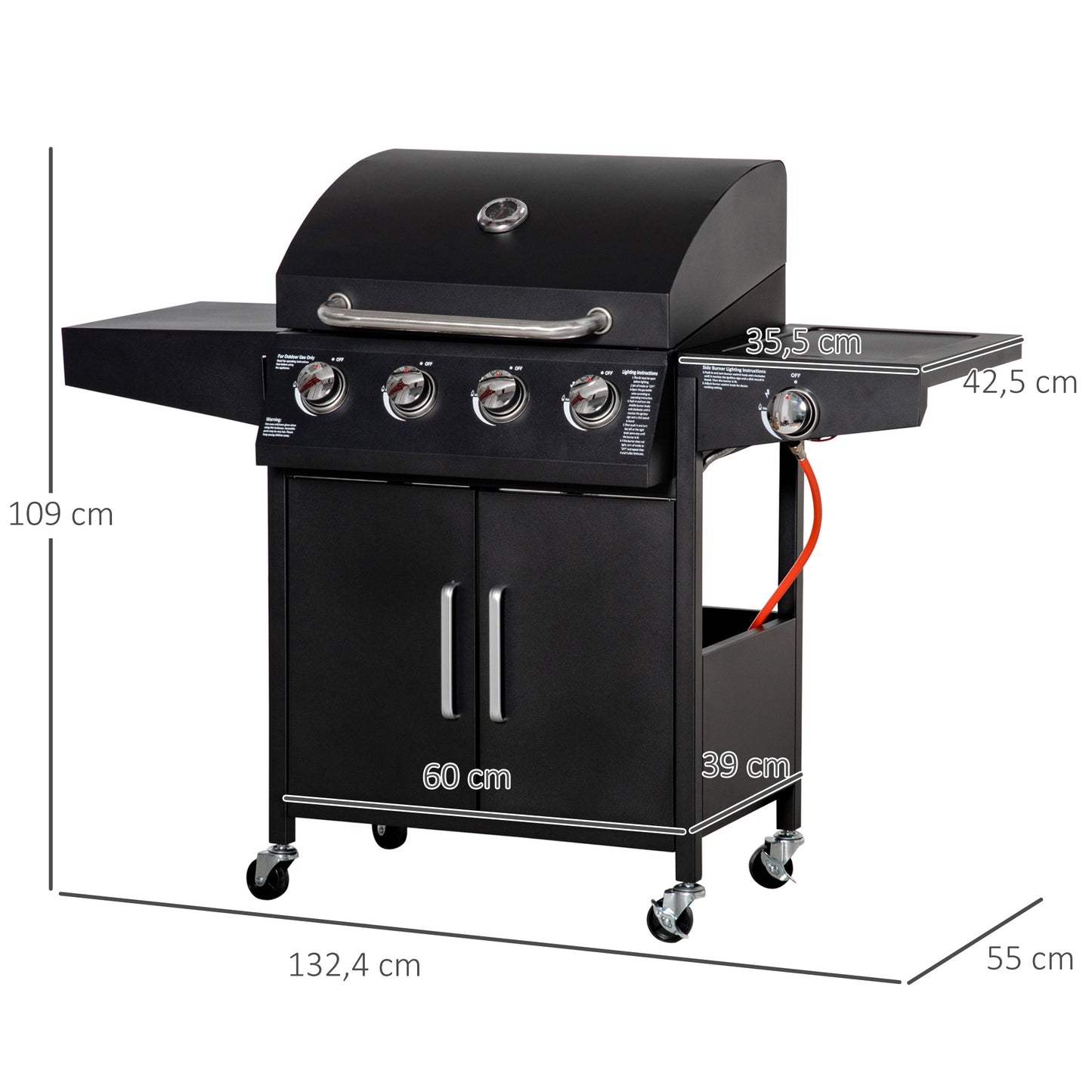 Outsunny gasgrill med 3 brændere, 3 kW hver, mobil grillvogn med 4 hjul, grillrist, sideborde, trykregulator, slanger, skab, multifunktionel, metal, sort, 132,4 cm x 55 cm x 109 cm