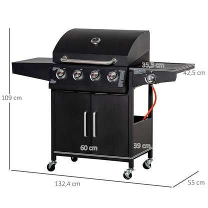 Outsunny gasgrill med 3 brændere, 3 kW hver, mobil grillvogn med 4 hjul, grillrist, sideborde, trykregulator, slanger, skab, multifunktionel, metal, sort, 132,4 cm x 55 cm x 109 cm