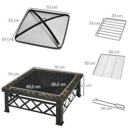 Outsunny 3-i-1 bålplads, ildkurv med gnistskærm, grillrist, isspand, havegrill, sort, 76 cm x 76 cm x 47 cm