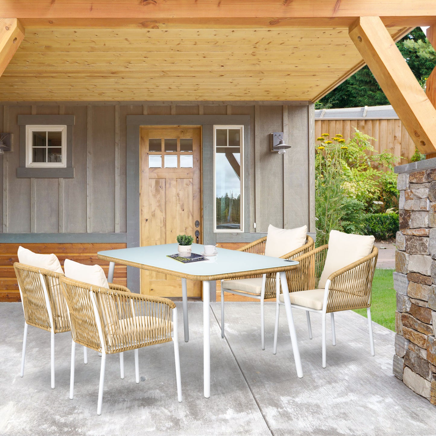 Outsunny Havemøbel Sæt, 5-delt, Rattanlook, Sidde- og Rygpuder, Rustfrit Aluminium Ramme, Gul/Hvid/Beige