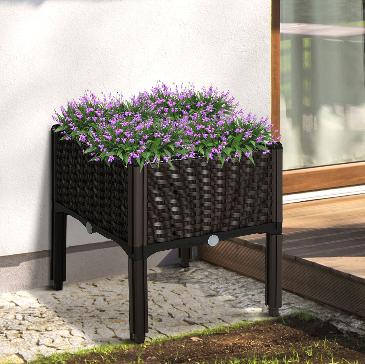 Outsunny forhøjet havebed, blomsterkasse med drænhuller, blomsterkasse med rattanlook, plastik, brun, 40 x 40 x 44 cm