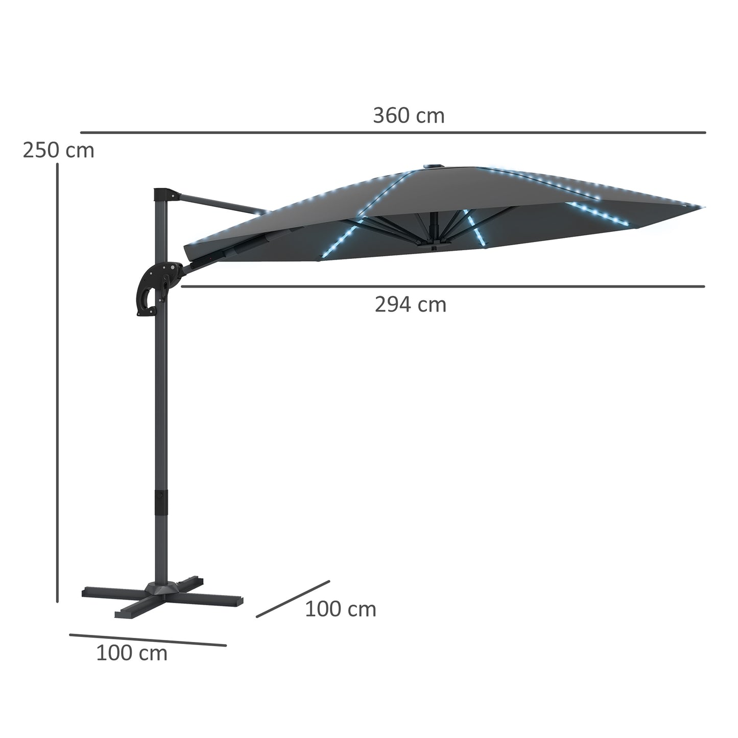 Outsunny Aluminium Cantilever Parasoll LED Sol Ø300 cm Højdejusterbar Solskærm med Svingestativ UV50+ Mørkegrå