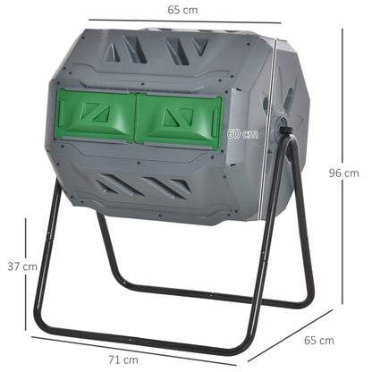 Outsunny kompostbeholder med 2 rum, kapacitet 160 liter, roterbar, 71 cm x 65 cm x 96 cm, grå + grøn + sort