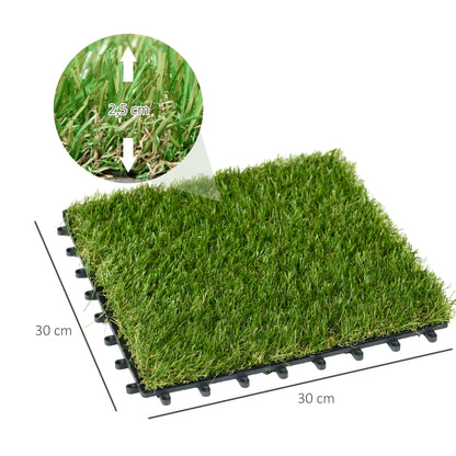 Outsunny kunstgræs, livagtigt, dræningsfunktion, 6,5 fibre/m², 25 mm højde, sæt af 10 stk 30x30cm, grøn
