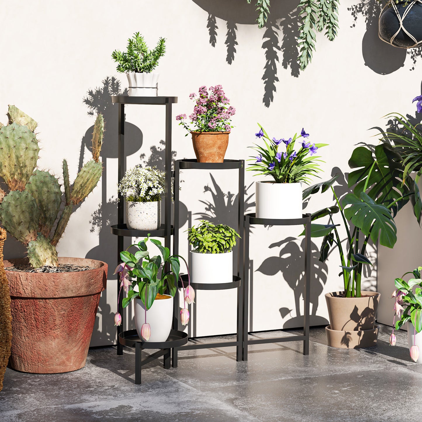 Outsunny Blomsterpotteholder, planteholder med 6 justerbare runde lag, hjørneholder til blomsterpotter, metal, sort
