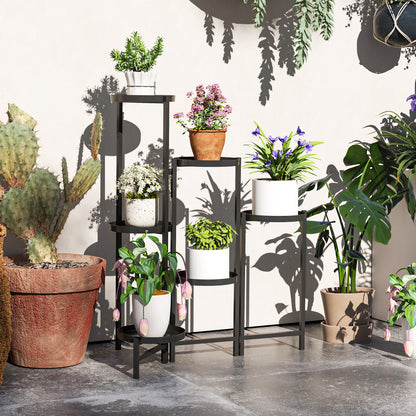 Outsunny Blomsterpotteholder, planteholder med 6 justerbare runde lag, hjørneholder til blomsterpotter, metal, sort