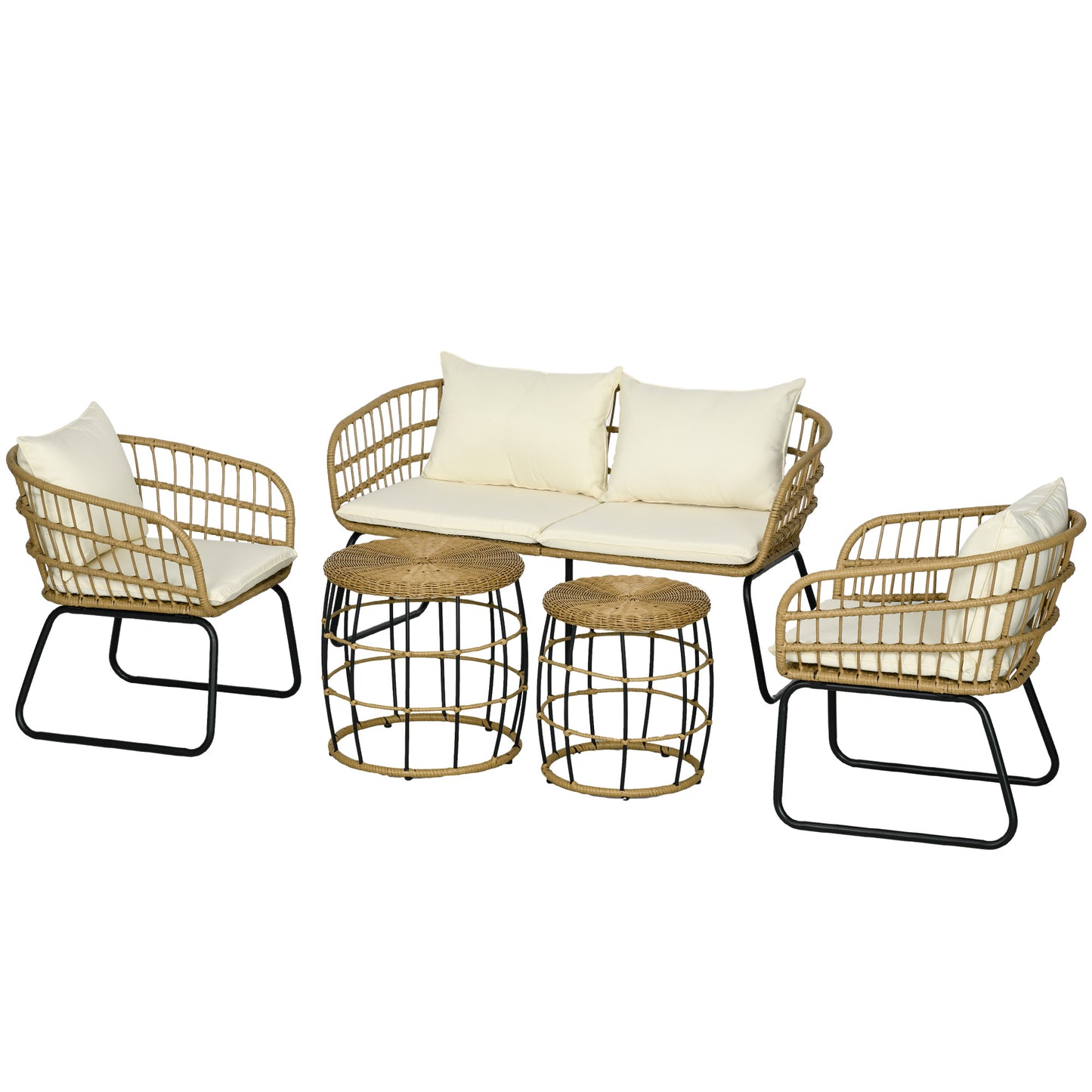 Outsunny Rattan Loungeset, Havenset, Boho-Stil, 5-delt Sæt, 145 x 70 x 78 cm, Creme + Natur + Sort