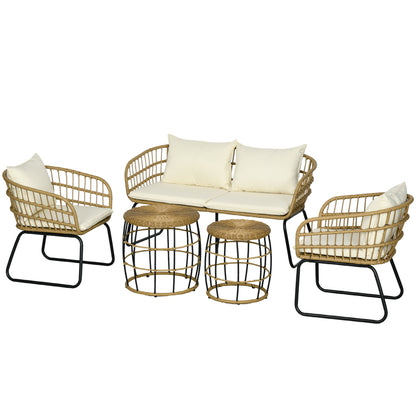 Outsunny Rattan Loungeset, Havenset, Boho-Stil, 5-delt Sæt, 145 x 70 x 78 cm, Creme + Natur + Sort