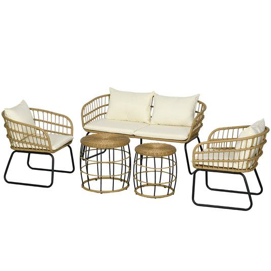 Outsunny Rattan Loungeset, Havenset, Boho-Stil, 5-delt Sæt, 145 x 70 x 78 cm, Creme + Natur + Sort