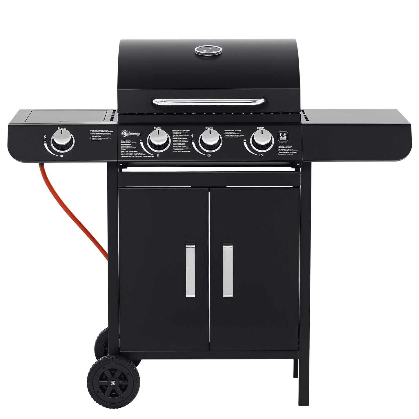 Outsunny gasgrill med 3 hovedbrændere + 1 sidelæser, opbevaringshylde, rustfrit stål, sort, 110 x 50 x 100 cm
