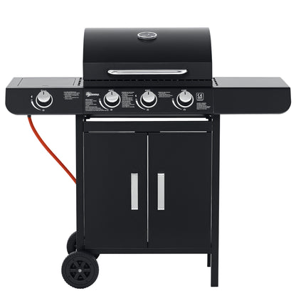 Outsunny gasgrill med 3 hovedbrændere + 1 sidelæser, opbevaringshylde, rustfrit stål, sort, 110 x 50 x 100 cm