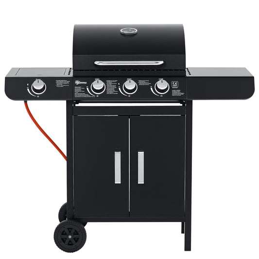 Outsunny gasgrill med 3 hovedbrændere + 1 sidelæser, opbevaringshylde, rustfrit stål, sort, 110 x 50 x 100 cm