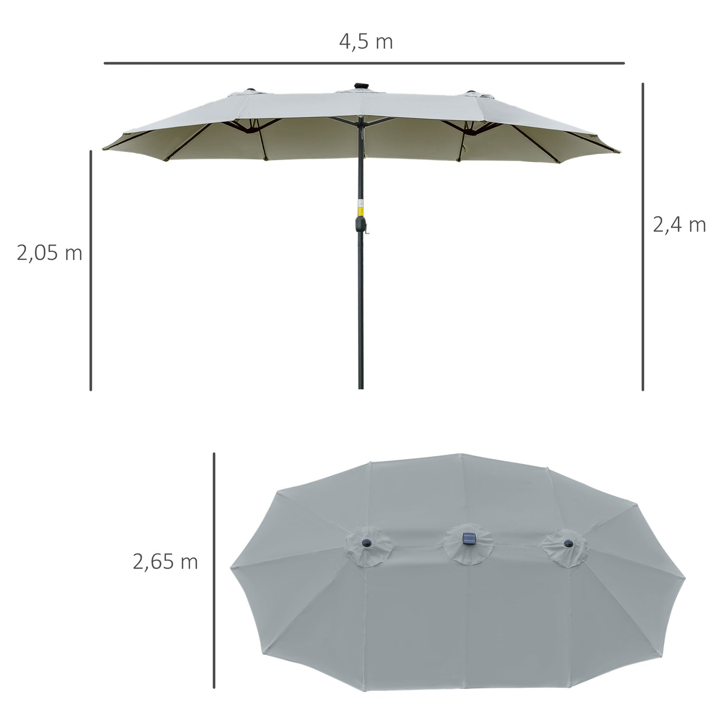 Outsunny Parasol med LED Sol 4,5m Dobbelt Parasol Haveparasol Markedsparasol Patio Parasol Oval Lysgrå+Sort