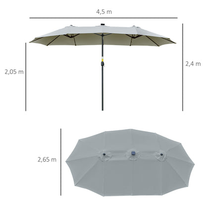 Outsunny Parasol med LED Sol 4,5m Dobbelt Parasol Haveparasol Markedsparasol Patio Parasol Oval Lysgrå+Sort