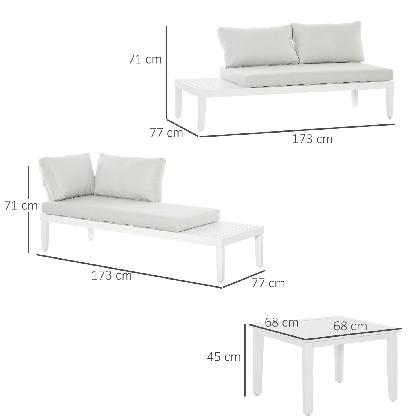 Outsunny 3-personers havemøbelgruppe med sidebord, bænk med puder, L-formet, udendørs, aluminium, cremehvid