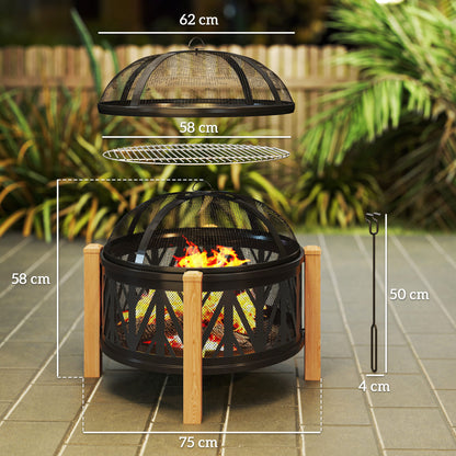 Outsunny 2-i-1 varmestål Ø75 x 58 cm varmkurv med gnistskærm, poke, grillrist, sort